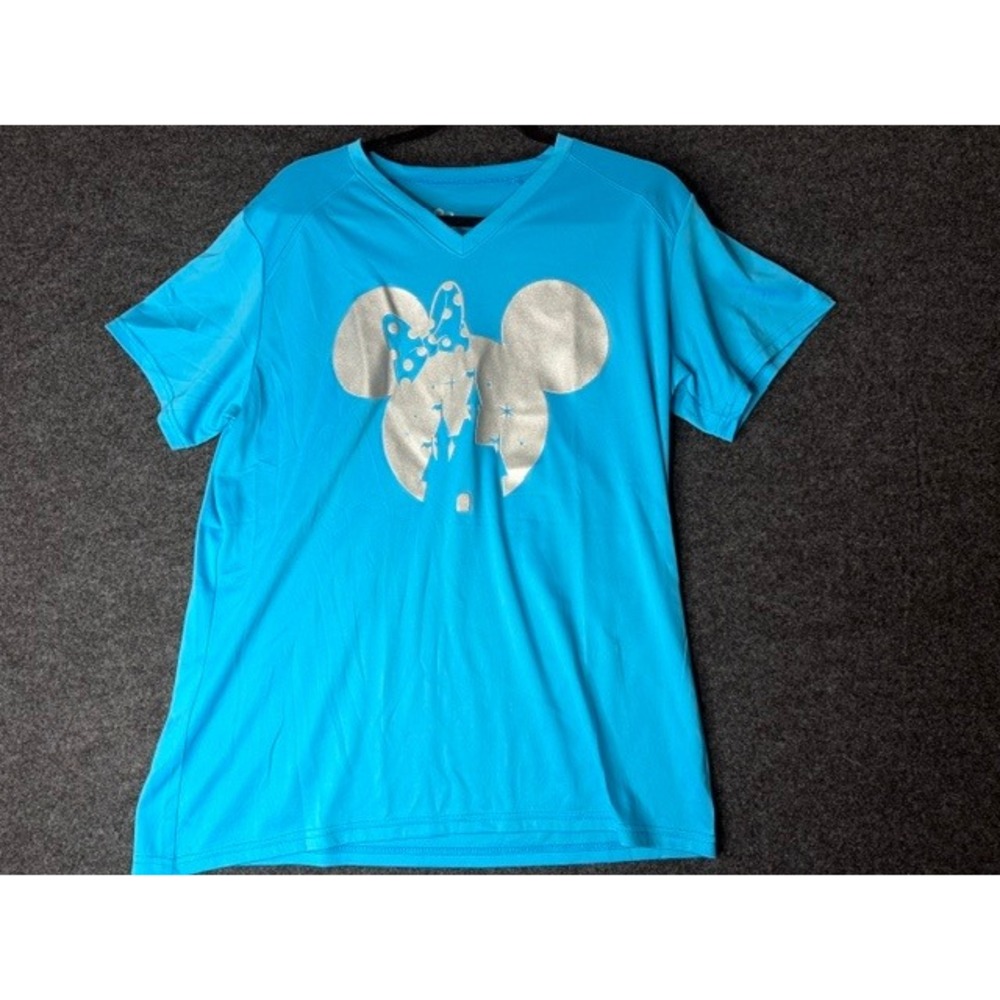 Disney Minnie Mouse Castle Silver Metallic Graphic V-Neck T-Shirt Blue Womens